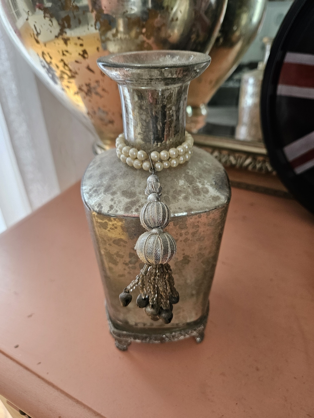 Mercury Glass Decorative Vase with Pearl Necklace and Tassel